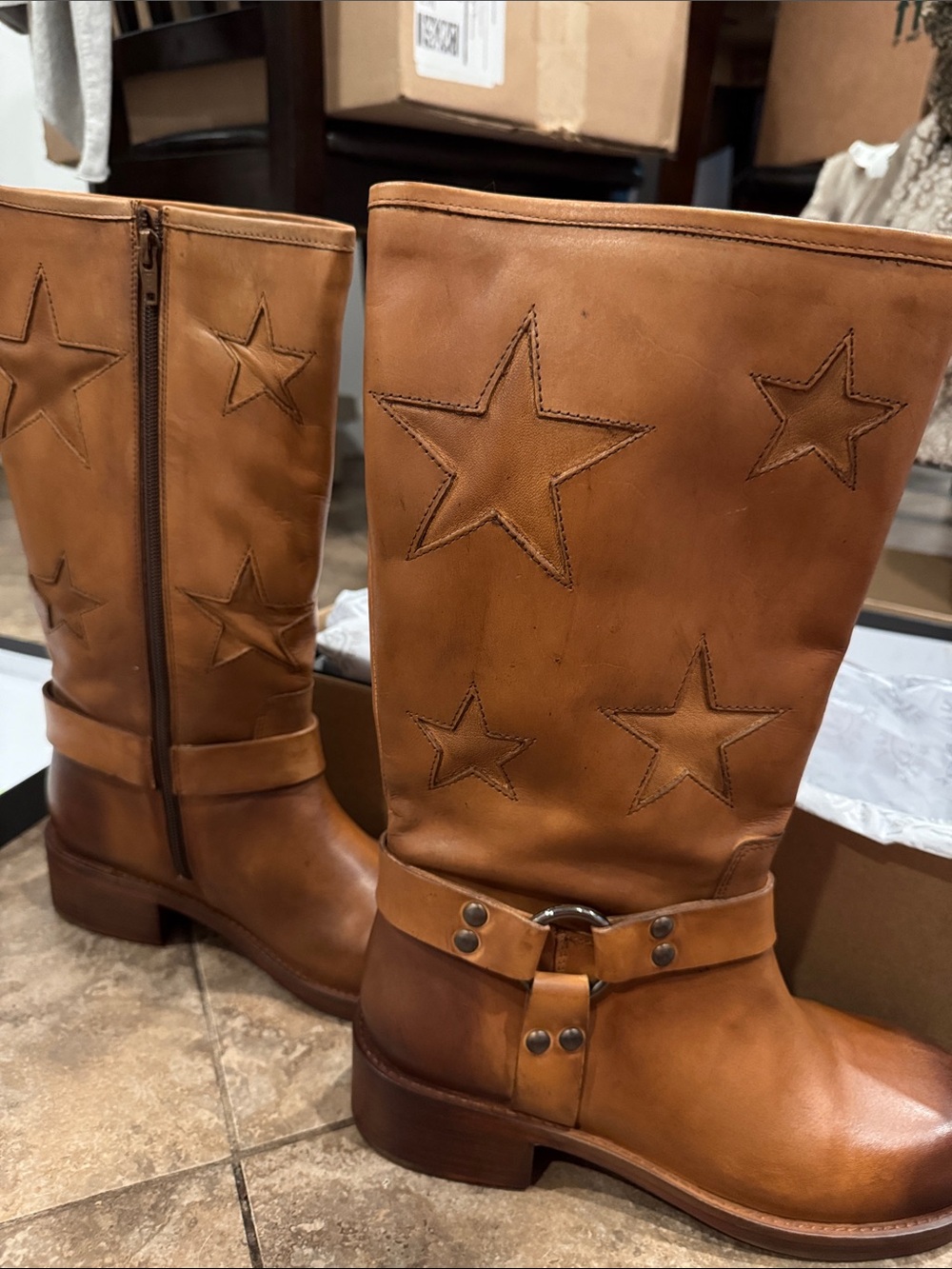 Women’s Tan Star-Embroidered Combat Moto Boots